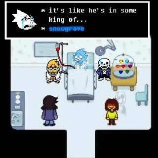 poorly edited image of deltarune where berdly is frozen ona  hospital bed. sans, kris, susie, and gaster are there along with alphys. alpyhs says it's like he's in some king of snowgrave.>

<h2 id=